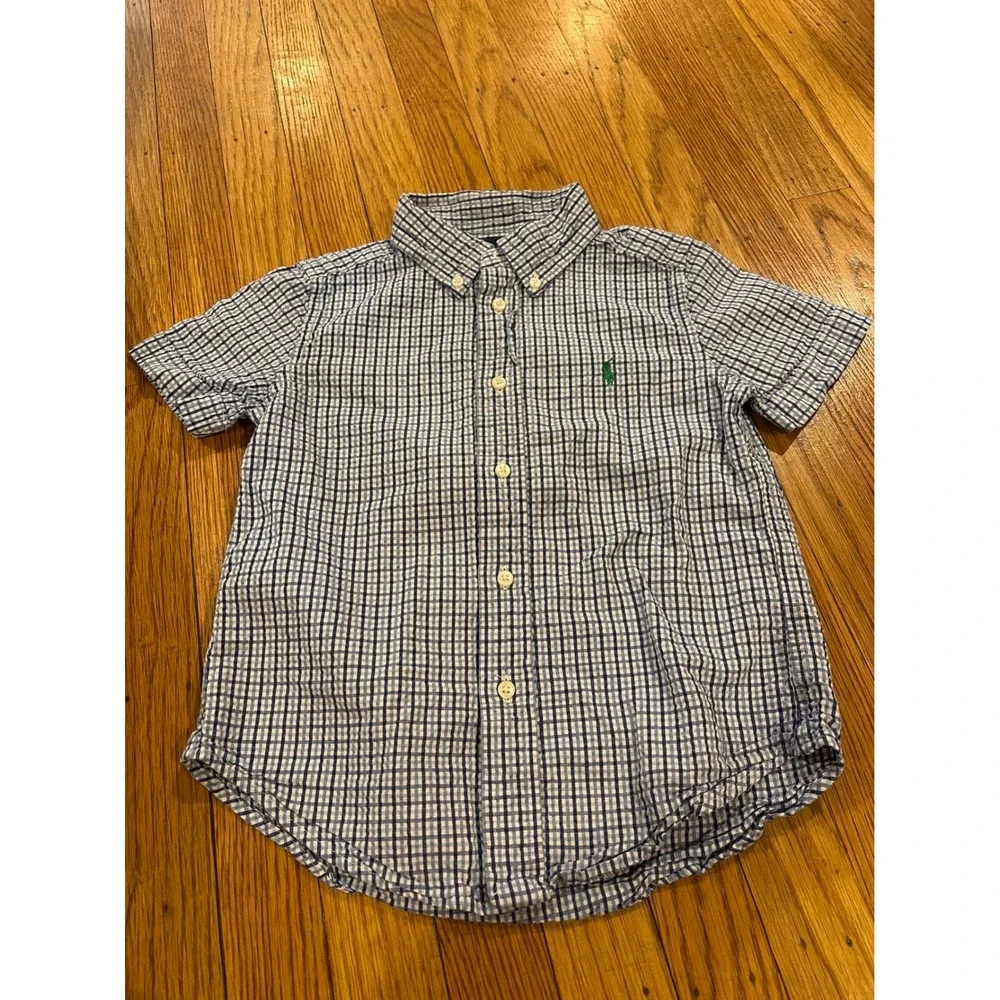 Ralph Lauren Boys Blue Gingham Short Sleeve Button Down Shirt Size 5 Cotton